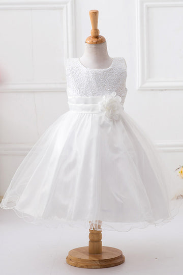 Sequins Sleeveless White Girls Dresses with Bowknot